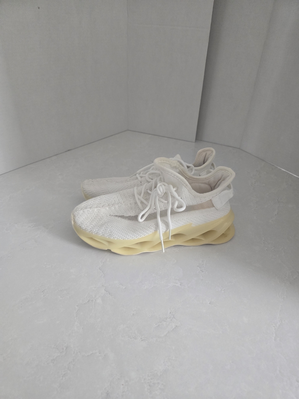 Women's Cream Knit Sneakers with Sculpted Pale Yellow Sole